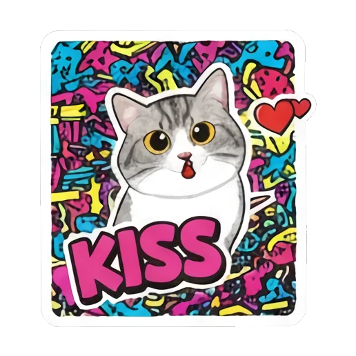 Cat blowing a kiss with KISS text and heart Retro Graffiti Cat Vibes sticker for expressive chats and social replies.