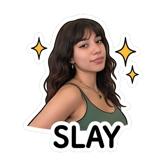 Young woman posing confidently with sparkles, text SLAY Daily Moods of a Girl sticker for expressive chats and social replies.