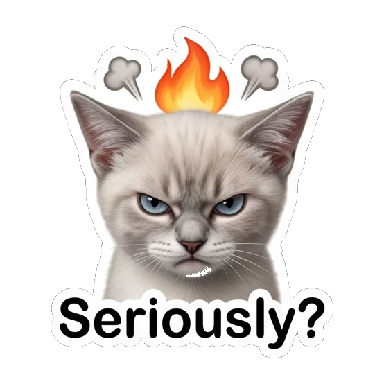 Angry white cat with fire above head and text Seriously Little White Cat Daily sticker for expressive chats and social replies.