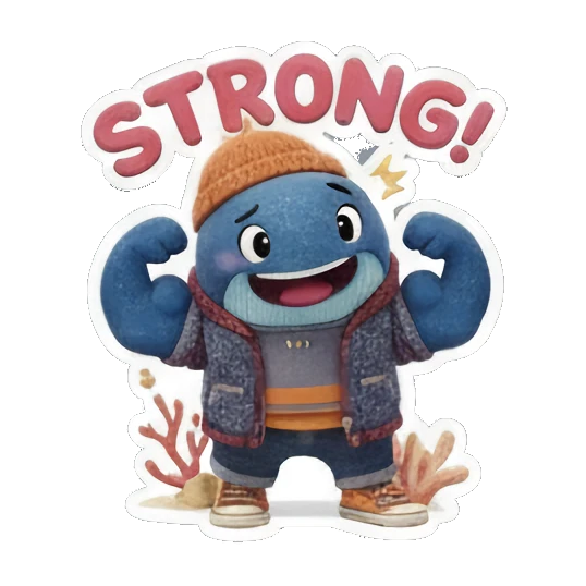 Blue whale flexing muscles, strong expression, text 'STRONG!' Ocean Buddy Adventures sticker for expressive chats and social replies.