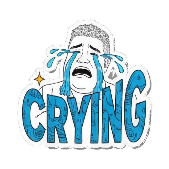 Man crying loudly with blue Crying text Office Guy Daily Vibes sticker for expressive chats and social replies.