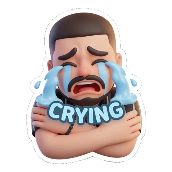 Bearded man crying with blue tears and 'CRYING' text. Modern Bearded Guy sticker for expressive chats and social replies.