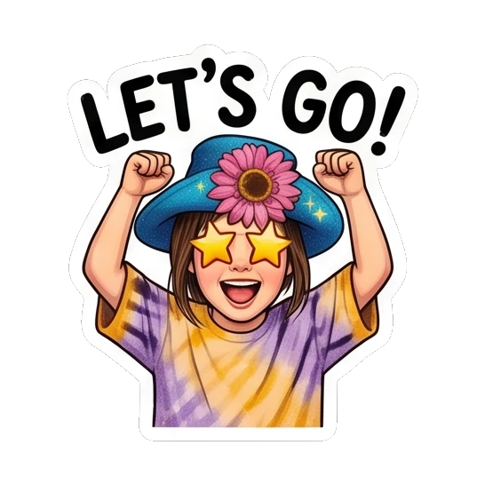 Excited girl with star eyes and raised fists with text LET'S GO Sunflower Girl Daily Vibes sticker for expressive chats and social replies.