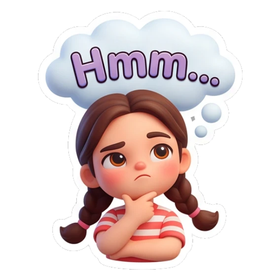 Girl thinking with hmm text Cute Braided Girl Daily sticker for expressive chats and social replies.