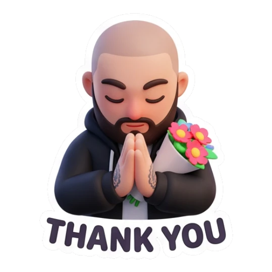 Bearded man praying with flowers, text THANK YOU Bearded Guy Daily Vibes sticker for expressive chats and social replies.