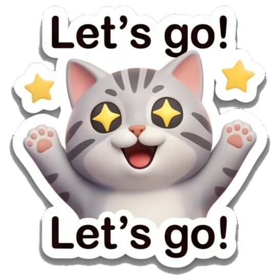 Excited gray tabby cat with star eyes and raised paws with text 'Let's go!' Cheerful Gray Tabby Cat sticker for expressive chats and social replies.