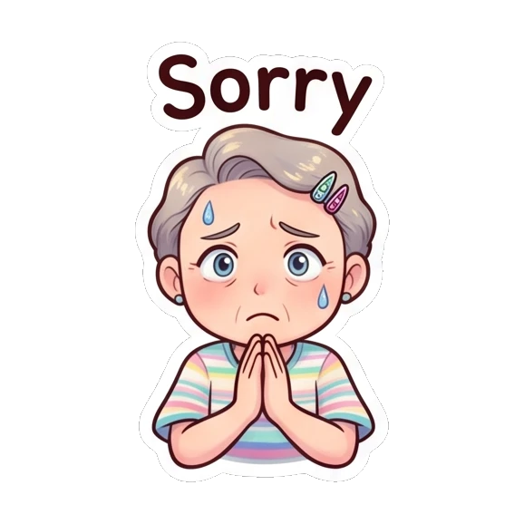 Grandma looking apologetic with a sad face and folded hands. Cheerful Grandma Adventures sticker for expressive chats and social replies.
