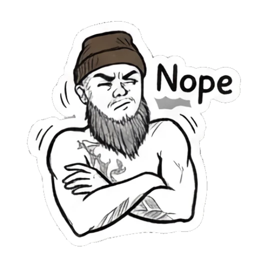 Bearded man crossing arms with a skeptical nope expression Bearded Guy Moods sticker for expressive chats and social replies.