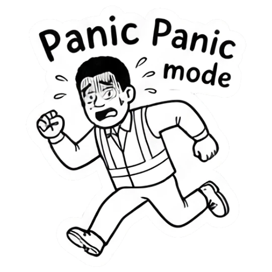 Man in safety vest running in panic with text Panic mode Working Guy Daily Vibes sticker for expressive chats and social replies.