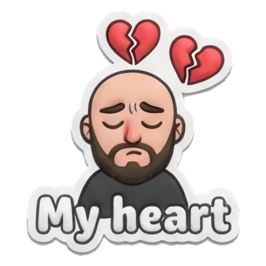 Bearded man looking sad with broken heart icons, text My heart Bearded Buddy Daily Vibes sticker for expressive chats and social replies.