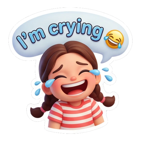 Girl crying tears of joy with speech bubble Cute Braided Girl Daily sticker for expressive chats and social replies.