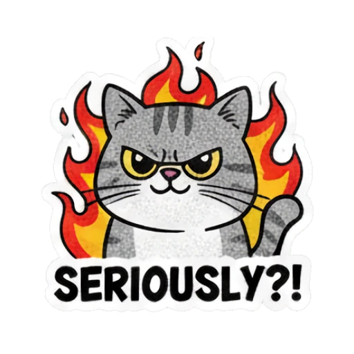 Grey cat surrounded by flames looking angry with text SERIOUSLY?! Grumpy Grey Cat Daily Moods sticker for expressive chats and social replies.