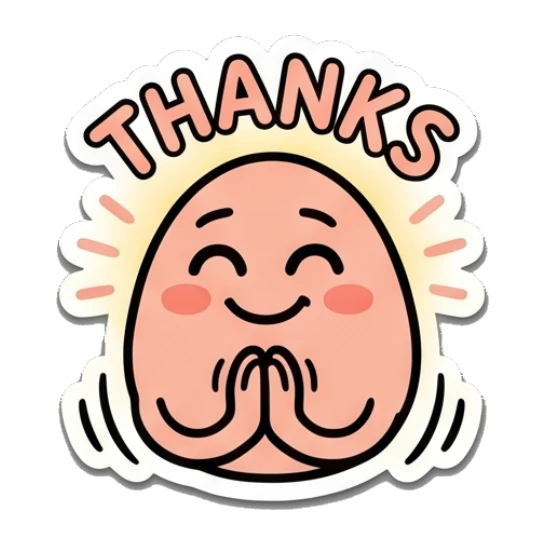 Happy egg character with hands together in prayer with text THANKS. Egg-cellent Moods sticker for expressive chats and social replies.