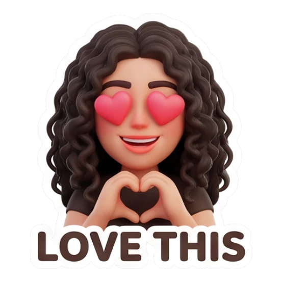 Woman with curly hair making heart shape with hands, text LOVE THIS Modern Couple Daily Vibes sticker for expressive chats and social replies.