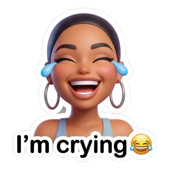Happy girl laughing with tears of joy, text says I'm crying. Modern Chic Girl Expressions sticker for expressive chats and social replies.