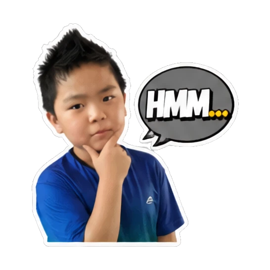 Young boy thinking with hand on chin and 'HMM...' text Energetic Boy Daily Expressions sticker for expressive chats and social replies.
