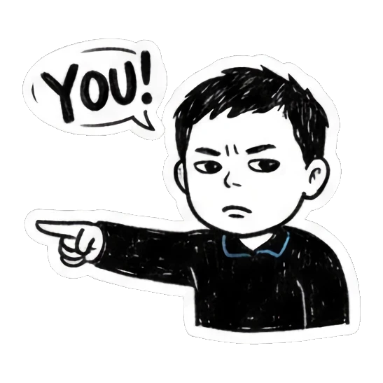 卡通人物指向YOU Doodle Guy's Moods sticker for expressive chats and social replies.