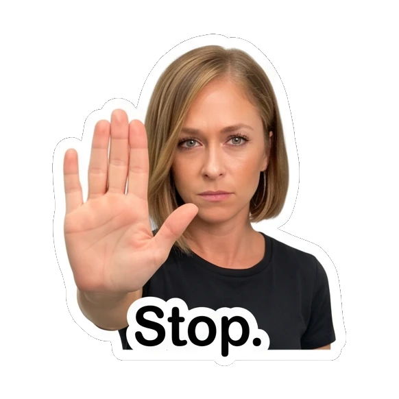 Woman holding hand up to stop with 'Stop.' text Everyday Vibes with Sarah sticker for expressive chats and social replies.
