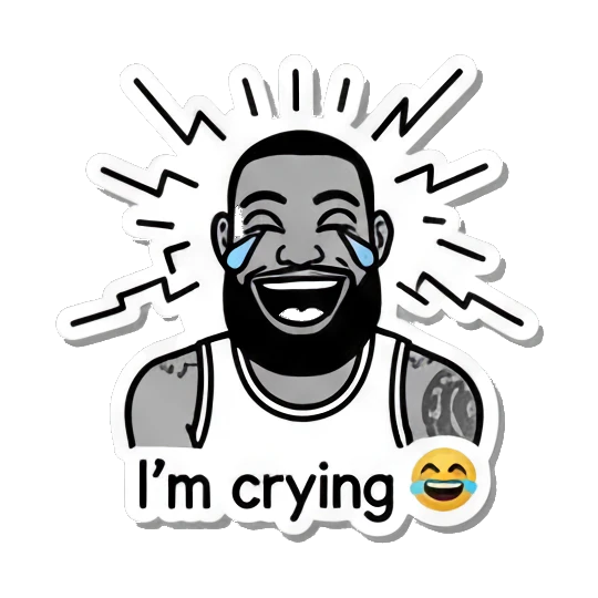 Basketball player laughing with tears, text I'm crying. King James Pop Art Vibes sticker for expressive chats and social replies.