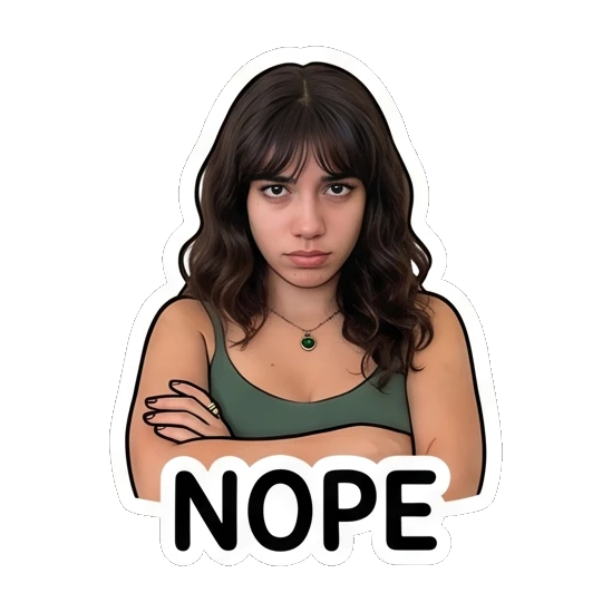 Young woman looking annoyed with arms crossed, text NOPE Daily Moods of a Girl sticker for expressive chats and social replies.