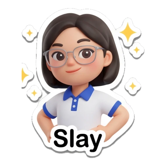 Girl with glasses posing confidently with sparkles, saying Slay. Cheerful Glasses Girl Daily sticker for expressive chats and social replies.