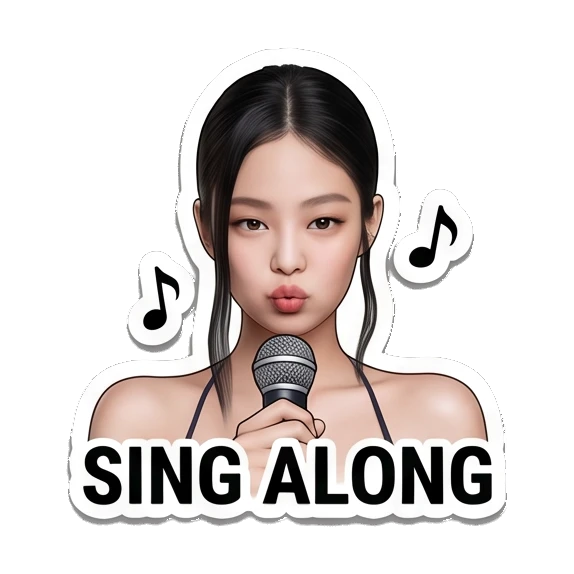 Young woman singing into microphone, text SING ALONG Jennie Birthday Party Vibes sticker for expressive chats and social replies.