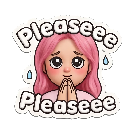Pleading girl with puppy eyes and hands together saying please. Pink Hair Girl Daily Vibes sticker for expressive chats and social replies.