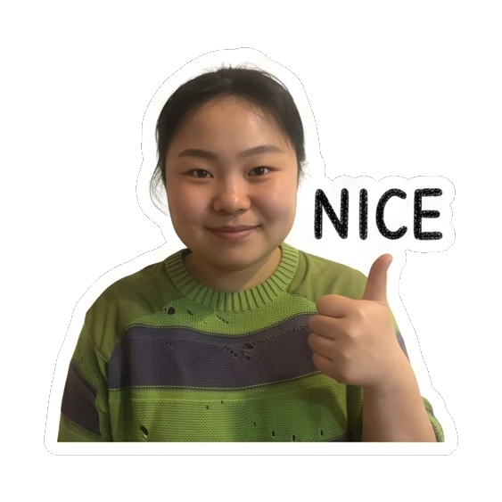 Young woman giving a thumbs up with 'NICE' text Cheerful Daily Expressions sticker for expressive chats and social replies.