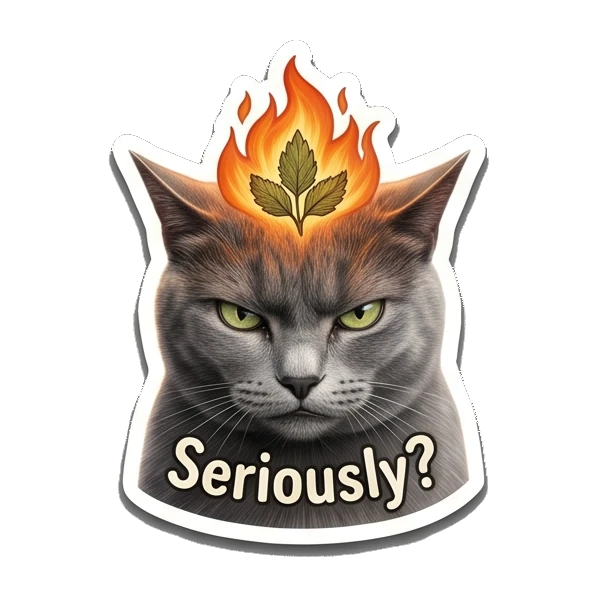 Angry gray cat with fire on head, text Seriously? Gray Cat Daily Vibes sticker for expressive chats and social replies.