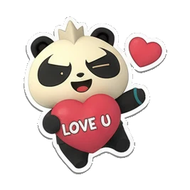 Panda holding a red heart with 'LOVE U' text, happy expression. Cosmic Panda Adventures sticker for expressive chats and social replies.