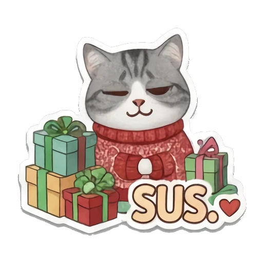 怀疑猫咪抱着礼物SUS Kitty's Festive Feelings sticker for expressive chats and social replies.