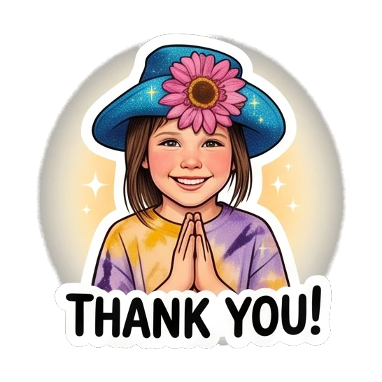 Girl with hands together in prayer pose with text THANK YOU Sunflower Girl Daily Vibes sticker for expressive chats and social replies.