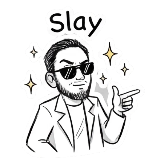 Bearded man wearing sunglasses pointing, Slay text. Doodle Guy Daily Vibes sticker for expressive chats and social replies.