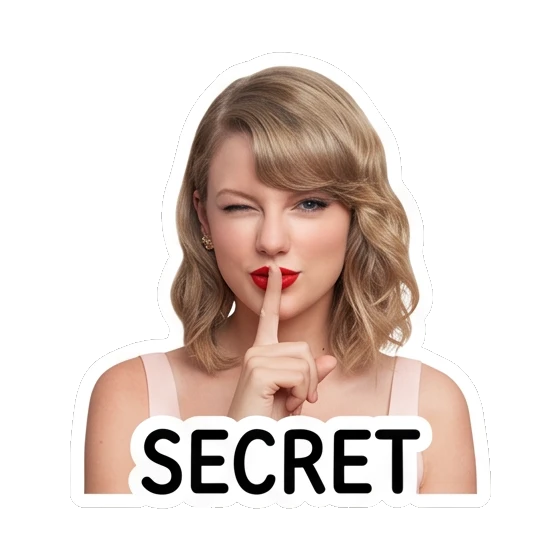 Taylor Swift winking and putting finger to lips, text SECRET Taylor Swift Iconic Expressions sticker for expressive chats and social replies.