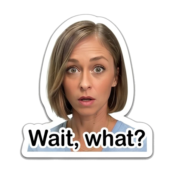 Woman looking surprised with text 'Wait, what?' Daily Life of a Modern Woman sticker for expressive chats and social replies.