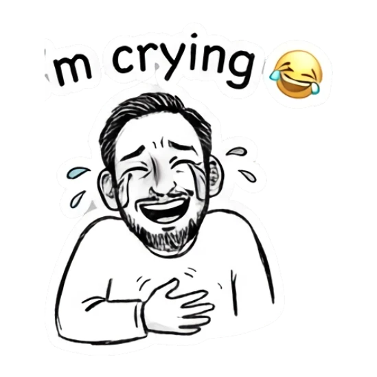 Bearded man laughing hysterically with tears, I'm crying text. Doodle Guy Daily Vibes sticker for expressive chats and social replies.