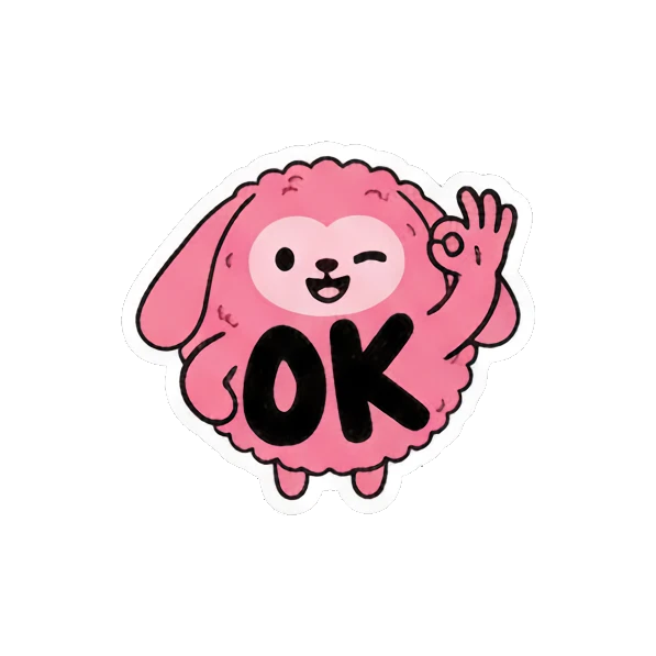 Pink creature winking and making an OK hand sign with OK text Pink Fluffy Buddy sticker for expressive chats and social replies.