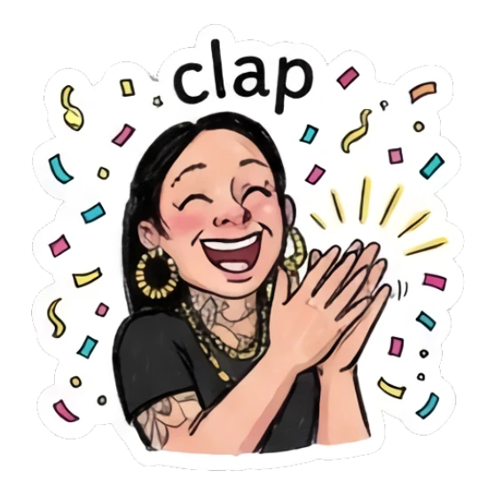 Girl clapping hands, joyful expression, confetti background. Doodle Girl Vibes sticker for expressive chats and social replies.