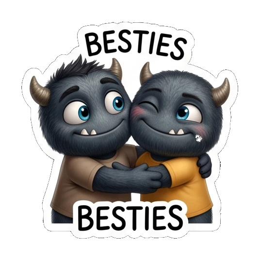 Two monster friends hugging each other, labeled BESTIES Furry Monster Family Life sticker for expressive chats and social replies.