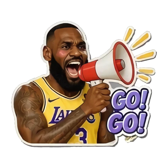 LeBron shouting into a megaphone with text GO! GO! LeBron Court Vibes sticker for expressive chats and social replies.