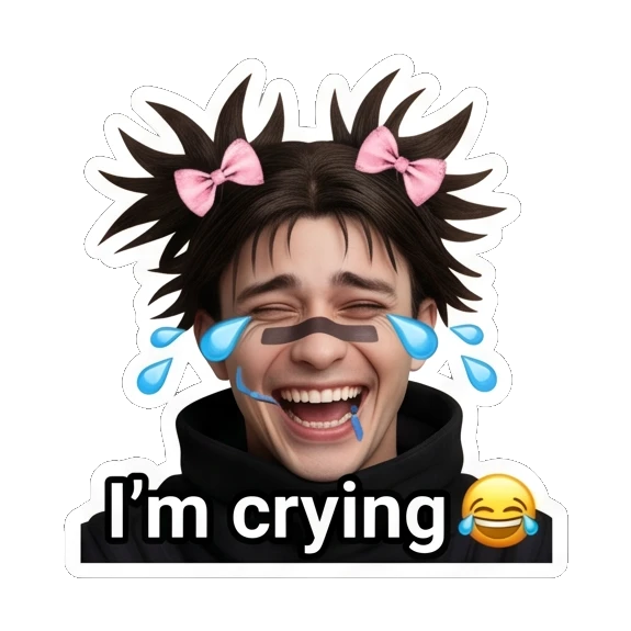 Laughing young man with tears of joy and text I'm crying Spiky Hair Boy Reactions sticker for expressive chats and social replies.