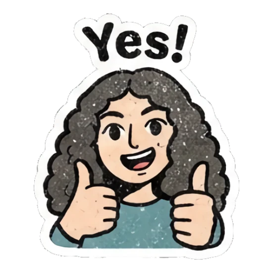 Cheerful girl giving two thumbs up with text Yes! Curly Hair Retro Vibes sticker for expressive chats and social replies.