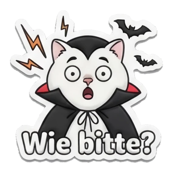 White cat vampire looking shocked, Wie bitte? Spooky Cute Cat Halloween Vibes sticker for expressive chats and social replies.