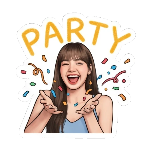 Young woman celebrating with confetti and PARTY text. Lisa Daily Vibes sticker for expressive chats and social replies.