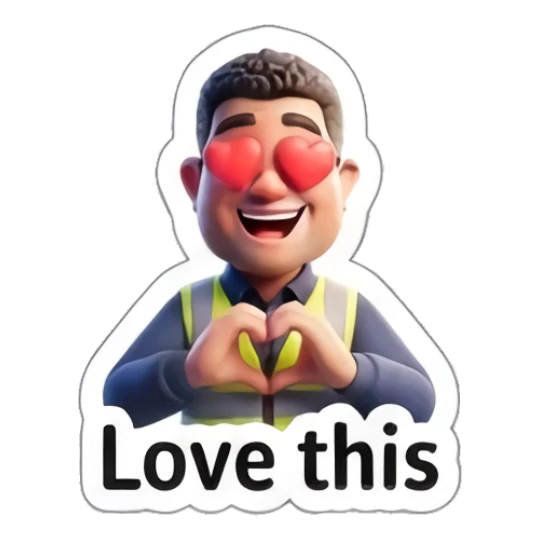 Worker forming a heart shape with hands, eyes as hearts. Busy Worker Life sticker for expressive chats and social replies.