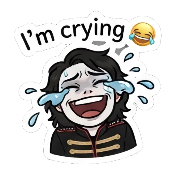 Rocker boy laughing hysterically with tears and 'I'm crying' text. Emo Rocker Daily Vibes sticker for expressive chats and social replies.