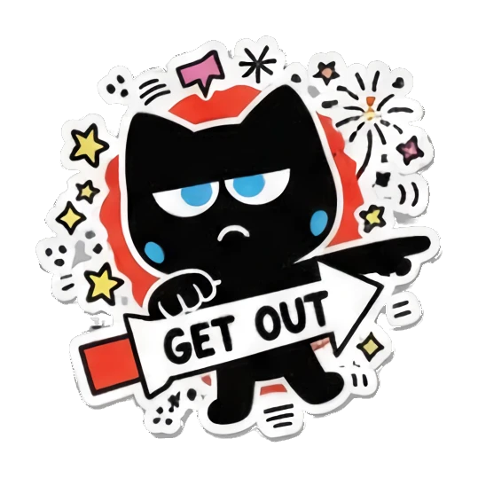 Black cat pointing sideways with GET OUT text, angry. Keith Haring Style Black Cat sticker for expressive chats and social replies.