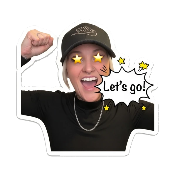 Woman cheering with fist pump, star eyes, text Let's go Cool Girl Daily Vibes sticker for expressive chats and social replies.
