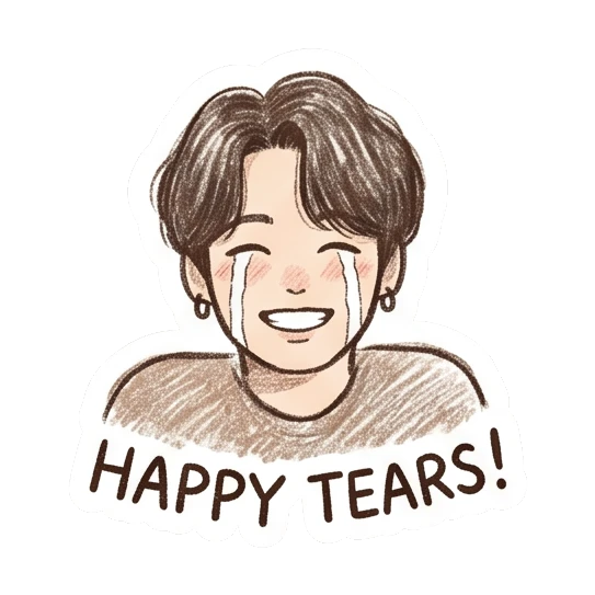 Boy crying with happy tears, text HAPPY TEARS! Crayon Boy Daily Moods sticker for expressive chats and social replies.