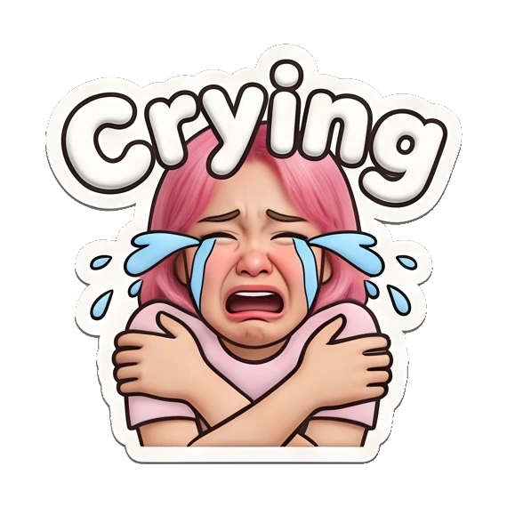 Sad girl crying with heavy tears and hugging herself. Pink Hair Girl Daily Vibes sticker for expressive chats and social replies.